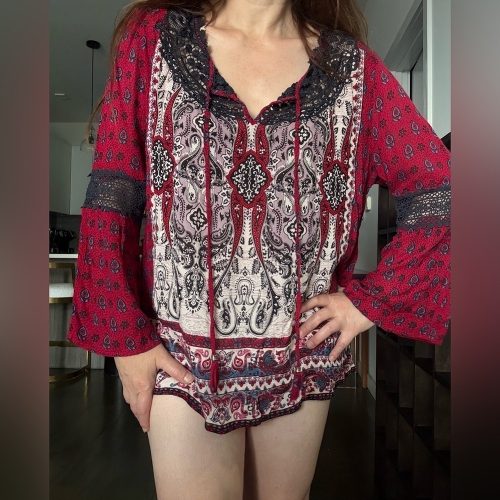 Red and Black Tie Front Embellished Blouse